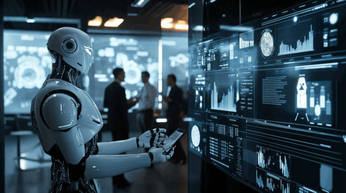 Tempo real na IA corporativa com robôs inteligentes processando dados ao vivo e executando decisões automatizadas em ambiente de controle empresarial.