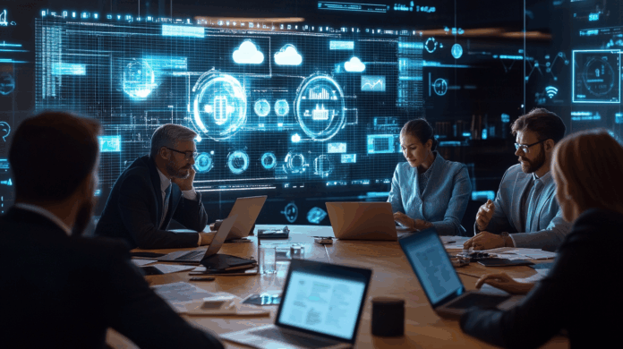 RFP de segurança cibernética sendo avaliada por executivos em sala de reunião com telas digitais e documentos estratégicos sobre risco e conformidade.