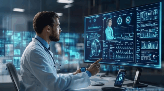 Telemedicina com médico analisando dados em tempo real durante videoconferência, utilizando IoT, IA e prontuário eletrônico em ambiente digital moderno.
