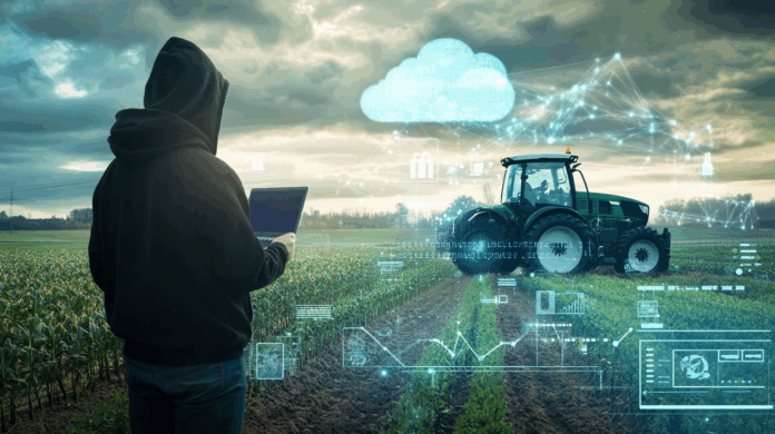 Tratores inteligentes em campo sendo alvo de ataque hacker remoto, com elementos de IoT, GPS e riscos de cibersegurança agrícola representados.