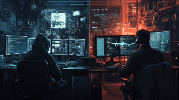 FBI monitora atividade de hacker do grupo Scattered Spider, em imagem dividida entre agente analisando dados de segurança e invasor operando em ambiente escuro.