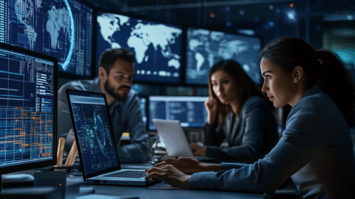 Segurança cibernética em ação: equipe de profissionais trabalhando em sala de controle com telas exibindo dados de ameaças e vulnerabilidades, colaborando em tempo real.