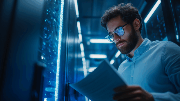 CISO examinando documento com diretrizes de governança da GenAI, em ambiente técnico de ISP com foco em segurança, conformidade e controles técnicos.
