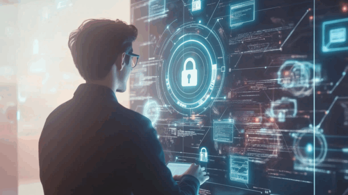 Cloud Risk Assessment mostrando executivo de TI avaliando riscos digitais em ambiente de computação em nuvem para segurança e conformidade.