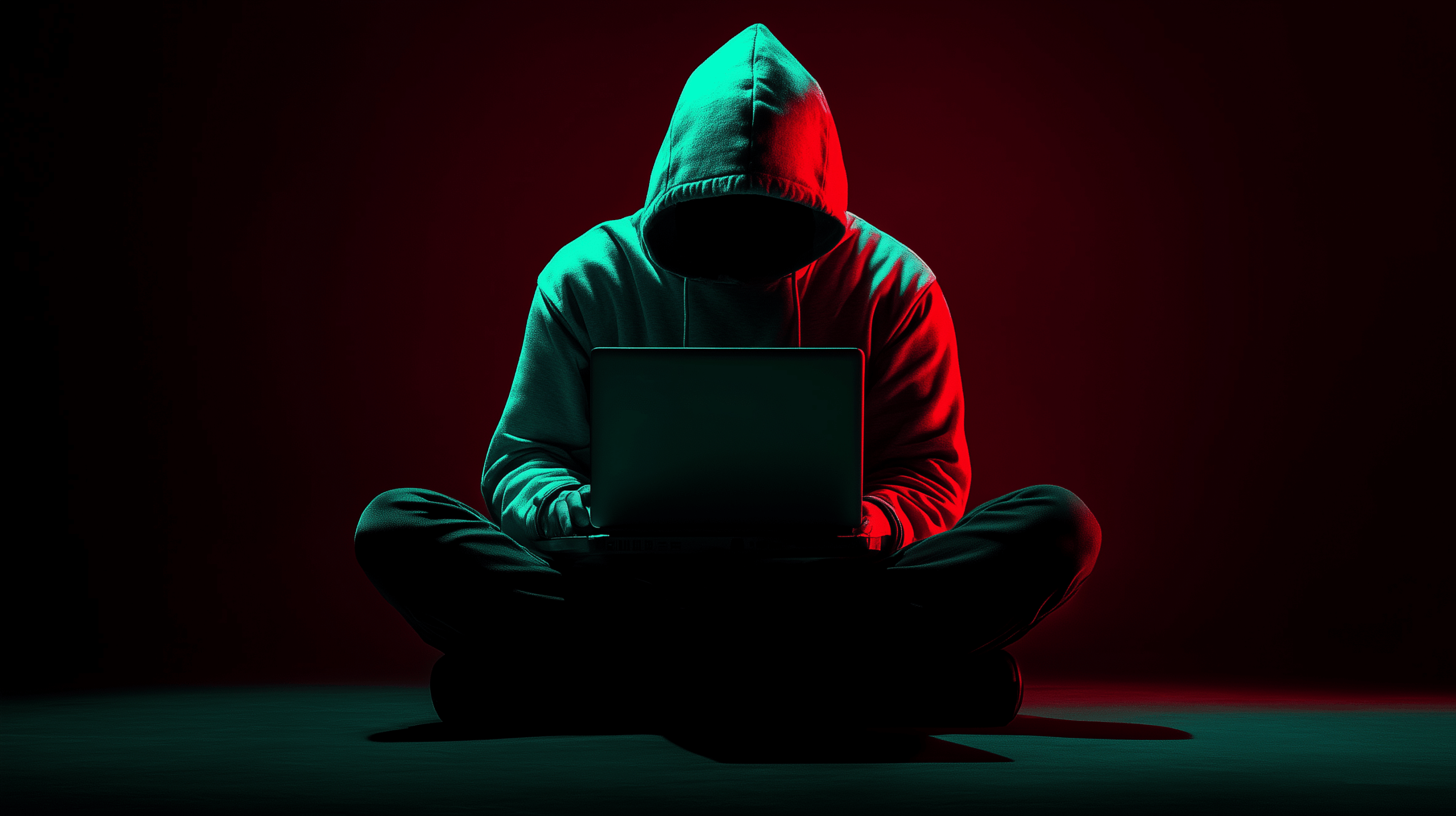 Crie uma imagem de um hacker sentado de costas em frente ao computador. Use cores como azul, vermelho e verde para dar mais tema. Stealer Logs
