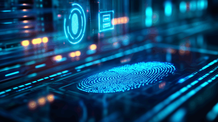 Um close-up de um leitor de impressão digital em um sistema de segurança de alta tecnologia, com linhas azuis brilhantes traçando a impressão e símbolos holográficos de confirmação flutuando acima. O fundo se desvanece em racks de servidores com foco suave. Iluminação fria com reflexos digitais. Criado com: fotografia com lente macro, modelagem de leitor biométrico, sobreposição de interface de usuário, realismo de interface cibernética, design de segurança tecnológica, gradiente de tons frios, realismo de textura de impressão digital. Vazamento de dados