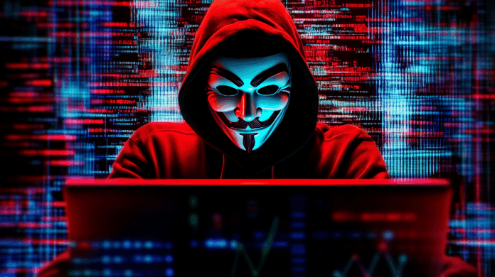 Cibersegurança: Um hacker de moletom com capuz, laptops e código ao fundo. Segurança cibernética. Máscara anônima. Matrix