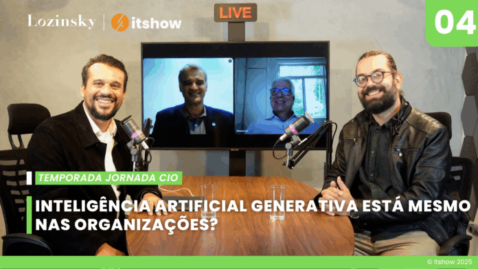 Executivos gravando o 4º episódio da série Jornada CIO em estúdio moderno, debatendo inteligência artificial, maturidade digital e o papel do CIO.