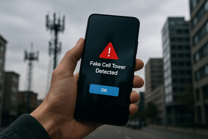 Pessoa segurando um smartphone que exibe um aviso para alertar conexões com antena falsa, com torres de celular ao fundo em ambiente urbano, destacando segurança na conectividade móvel.