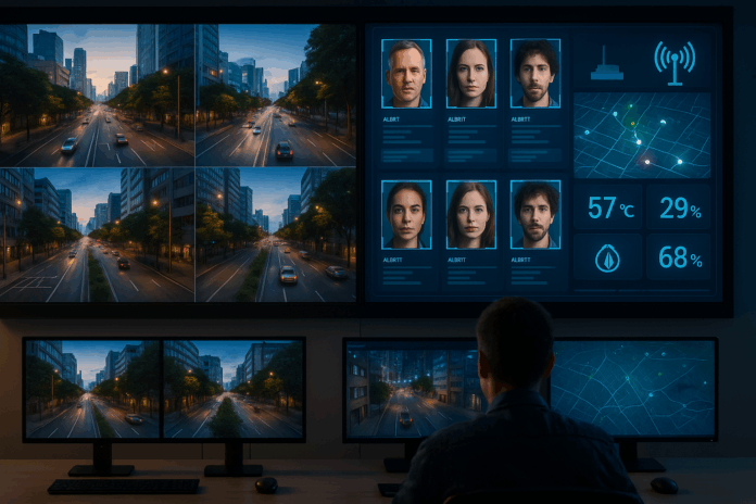 5G conecta câmeras de vigilância e sensores IoT em cidade inteligente, com monitoramento em tempo real exibido em centro de controle urbano.