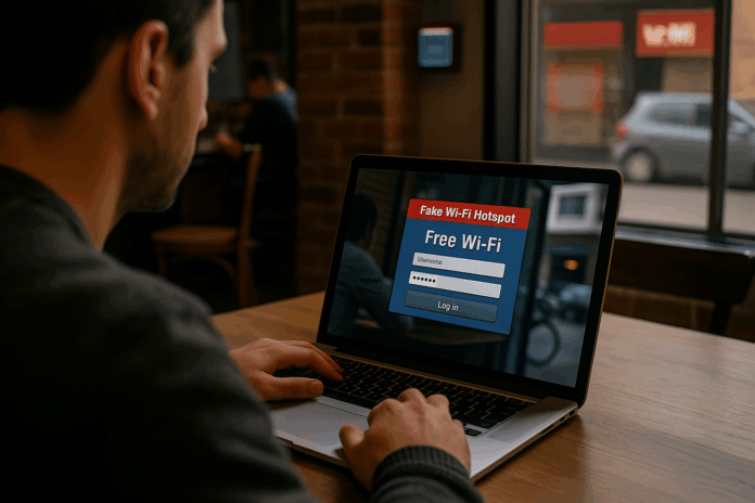 Pessoa conectada a um notebook em rede Wi‑Fi pública, com tela exibindo portal falso de login, representando risco de ataque Evil Twin e insegurança na conectividade móvel.
