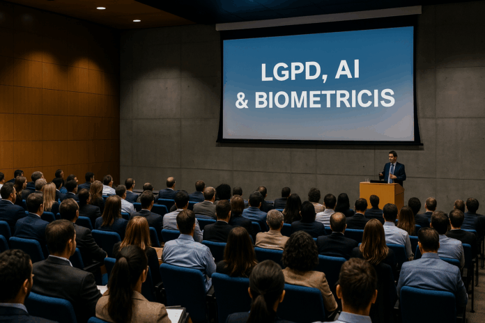 Auditório com especialistas em proteção de dados durante evento da ANPD, com tela exibindo os temas inteligência artificial, biometria e LGPD.