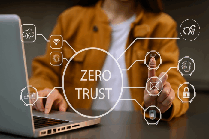 Pessoa interage com interface digital sobre segurança Zero Trust.