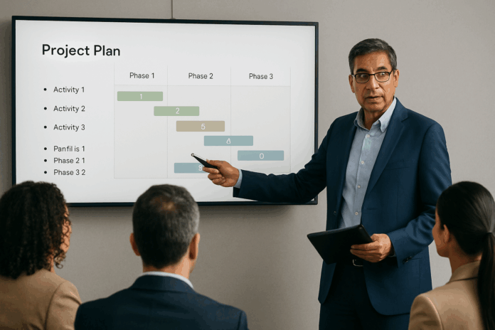 Homem de terno apresentando plano de projeto em reunião executiva. Um Plano na Manga