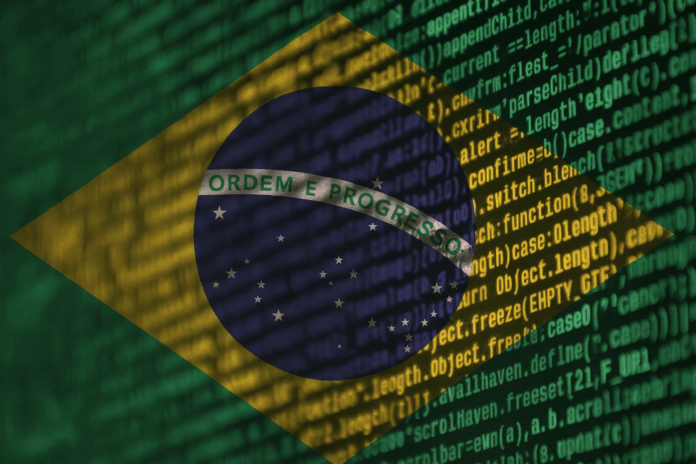 Bandeira do Brasil sobreposta a código de programação, simbolizando tecnologia e Inteligência artificial
