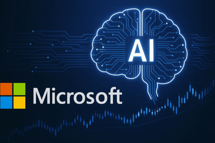 Imagem representando o investimento da Microsoft em treinamento em IA, com elementos visuais de inteligência artificial e tecnologia digital.