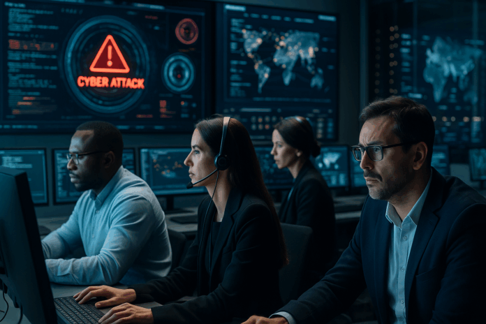 Representação SlowTempest realista de equipe de segurança da informação monitorando um ataque sofisticado com técnicas de evasão de ameaças em ambiente corporativo