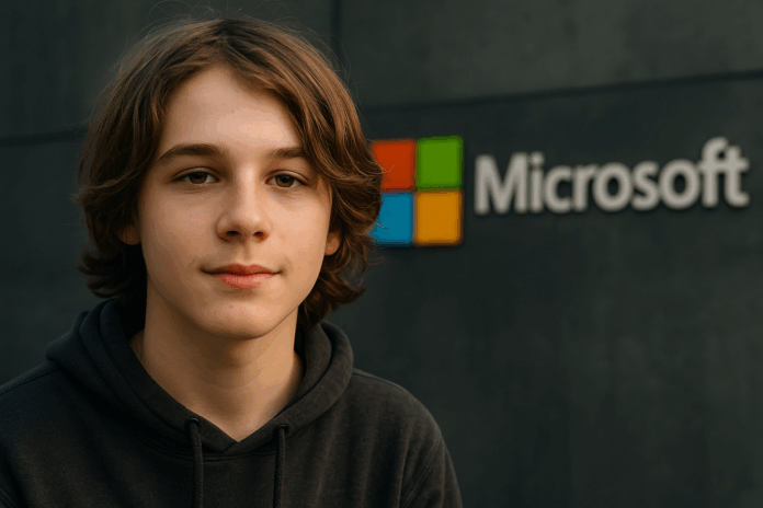 Adolescente hacker de 13 anos reconhecido pela Microsoft, posando com moletom cinza em frente ao logotipo da empresa, com fundo corporativo e iluminação natural.