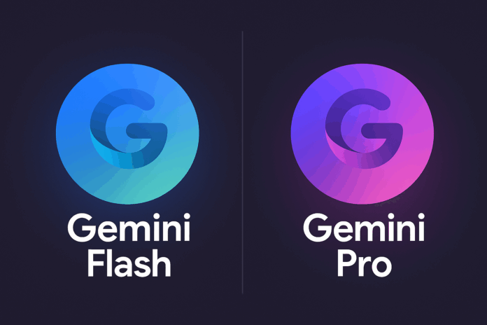 Ilustração digital comparando os modelos de inteligência artificial do Google, Gemini Flash e Gemini Pro, representados por ícones coloridos em fundo escuro, com design moderno e realista.