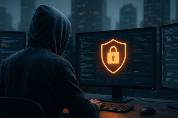 Profissional encapuzado sentado diante de múltiplos monitores com códigos e um ícone de segurança cibernética em destaque, representando proteção digital no setor financeiro.