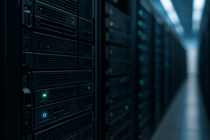 Corredor interno de data center moderno com servidores iluminados e infraestrutura otimizada para operações digitais em nuvem