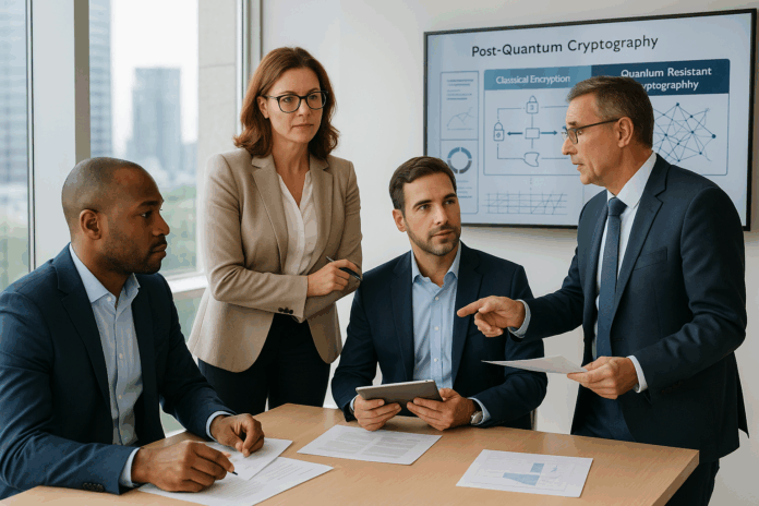 CISOs reunidos em sala de conferência clara e moderna, avaliando gráficos sobre criptografia quântica em um monitor digital.