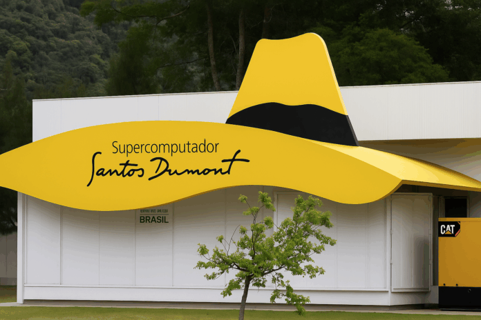 Santos Dumont, entrada do supercomputador brasileiro com estrutura amarela em forma de chapéu, situada em frente ao prédio do LNCC em Petrópolis.