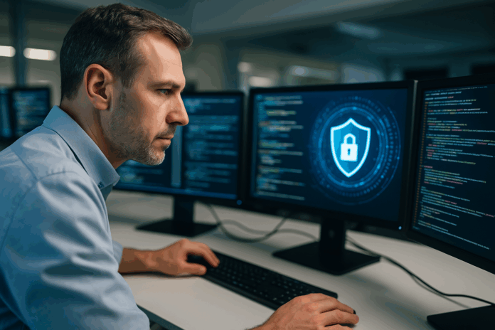 Profissional de segurança cibernética observando múltiplos monitores com códigos e ícone de escudo com cadeado, em ambiente corporativo moderno, representando operações de SOC as a Service.
