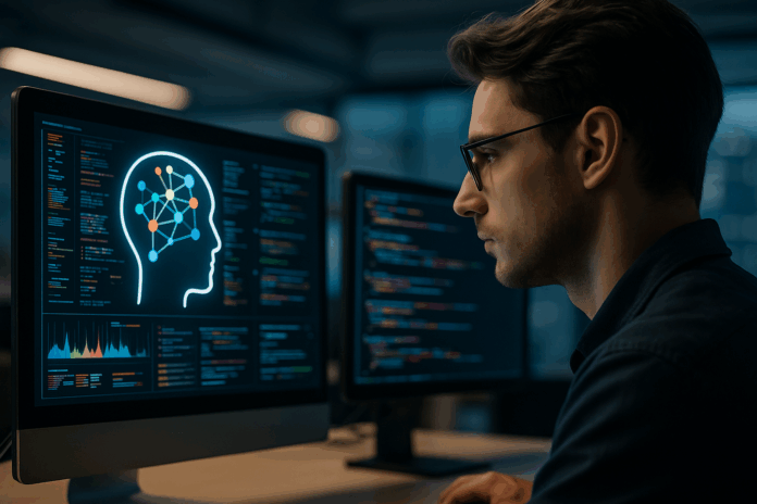 Profissional de tecnologia observando dois monitores com dados e rede neural em destaque, representando o uso de dados conectados para agentes de IA em ambiente corporativo moderno.