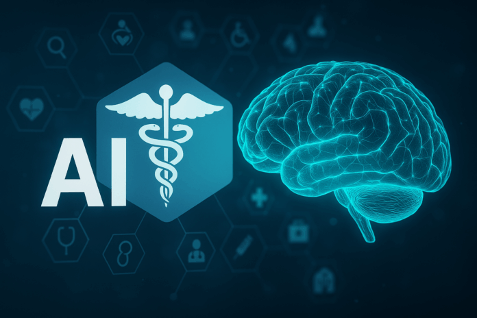 Imagem representando a fusão entre inteligência artificial e o setor de saúde, com um cérebro digital iluminado e um símbolo de caduceu, destacando a inovação nas operadoras de saúde.