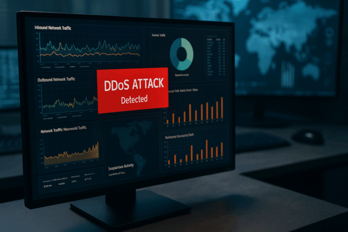 Painel de segurança cibernética com gráficos de tráfego e alerta de ataque DDoS em destaque, representando a ameaça da botnet Hpingbot em redes corporativas.
