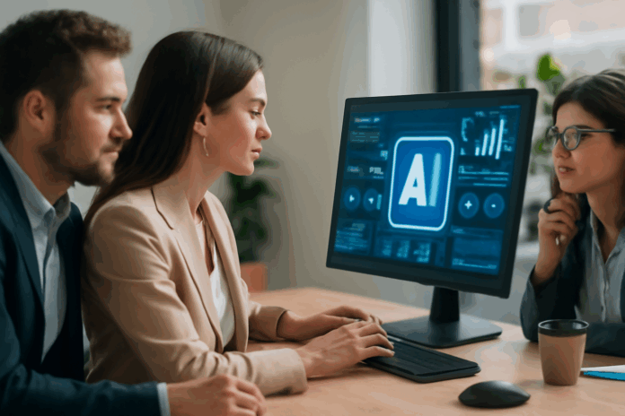 Três profissionais discutindo soluções de IA fundacional para PMEs, ilustrando como a tecnologia pode otimizar processos e melhorar a competitividade das pequenas empresas.