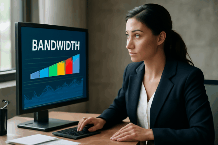 Executiva analisando gráficos e dados de desempenho de rede, simbolizando o impacto da largura de banda no desempenho das redes corporativas.