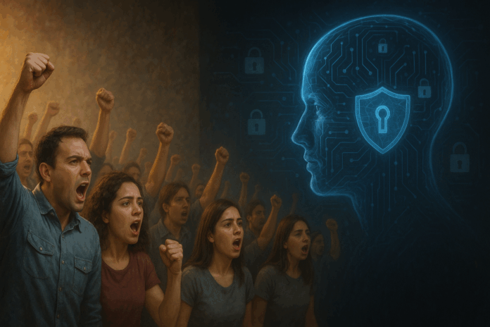 À direita, um rosto digital azul representa a inteligência artificial integrada a um sistema de segurança cibernética, com ícones de cadeado e circuitos eletrônicos ao fundo. A composição destaca a transformação no SOC (Security Operations Center) com uso de IA