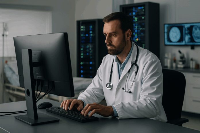 GenAI aplicada na saúde mostra médico usando computador em ambiente clínico, com servidores e imagens cerebrais ao fundo.