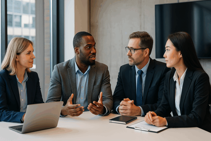 Parcerias tecnológicas entre executivos discutidas em reunião estratégica em escritório moderno com vista urbana.