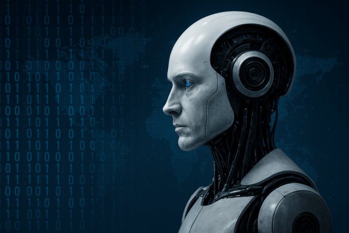 IA representada por um robô humanoide realista em perfil, analisando dados digitais diante de um fundo com código binário e mapa do mundo estilizado.