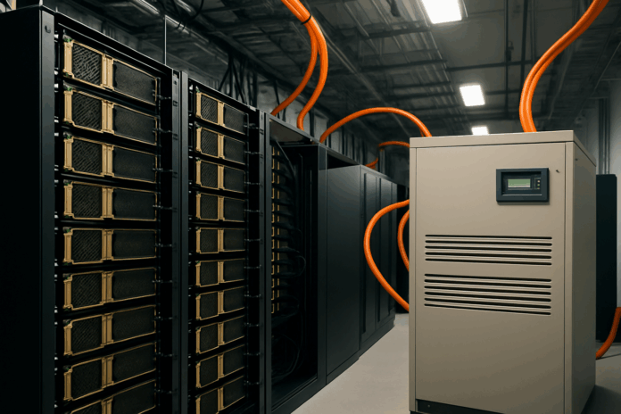 IA impulsiona data center com GPUs e UPS conectados por cabos de energia laranja em ambiente moderno e organizado.