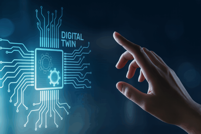Mão interagindo com interface digital futurista representando a tecnologia de digital twins em um ambiente virtual inteligente.