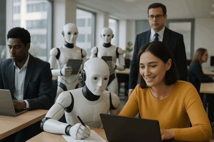 Recursos artificiais, como robôs humanoides, trabalham em conjunto com humanos em um escritório moderno iluminado, com janelas amplas, computadores e expressão de cooperação entre os envolvidos.