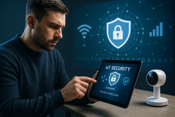 Especialista em cibersegurança configurando um dispositivo IoT com interface digital, representando a proteção de sensores conectados e dados em rede.