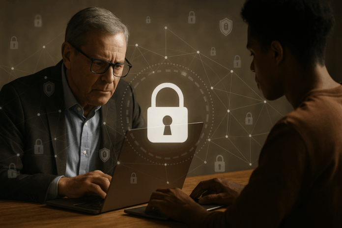 Duas pessoas em frente a laptops, cercadas por ícones de cadeados conectados por linhas digitais, representando a responsabilidade coletiva pela Cybersecurity além do ambiente corporativo.