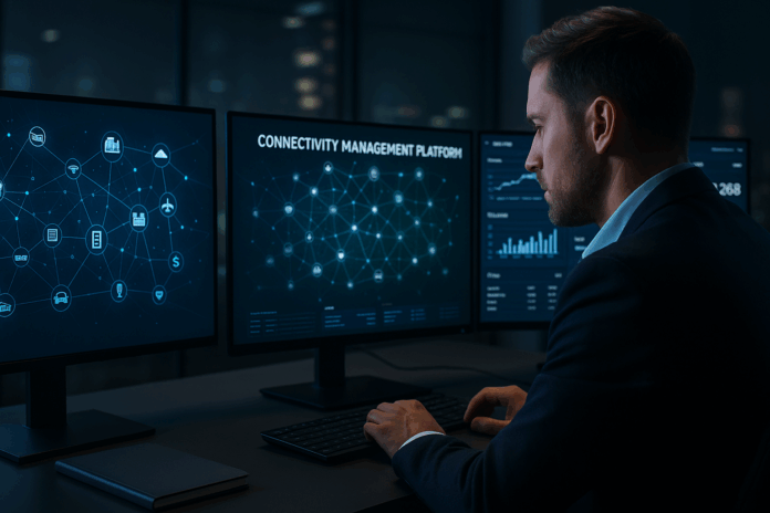Homem gerenciando conectividade IoT em sistema digital multitelas. CMP
