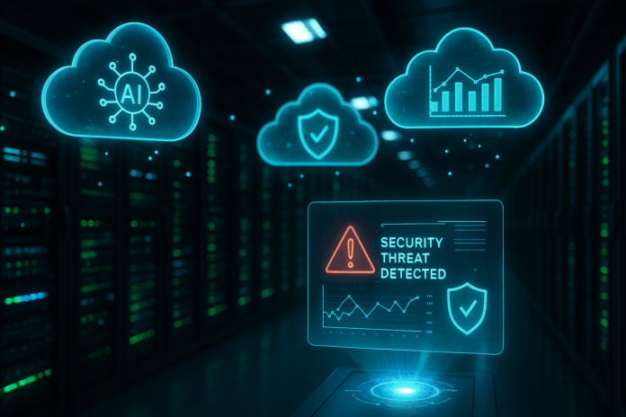 Nuvem com IA e alerta de ameaça detectada em tempo real em data center digital, representando segurança automatizada em ambientes de computação em nuvem.