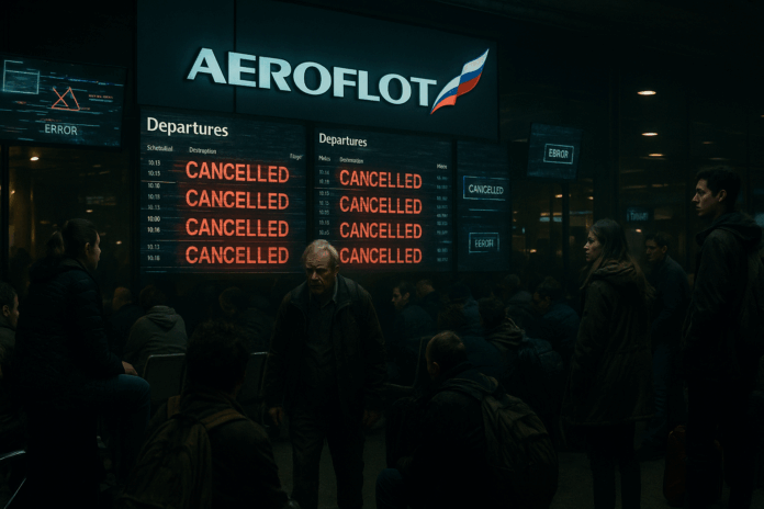 Aeroflot tem voos cancelados após ciberataque; imagem mostra passageiros apreensivos em terminal russo e painéis exibindo mensagens de erro.
