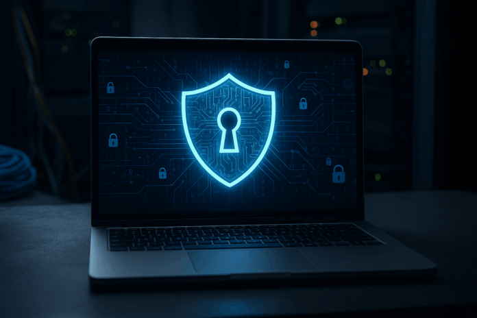 Imagem realista sobre cibersegurança com laptop e escudo de proteção digital.