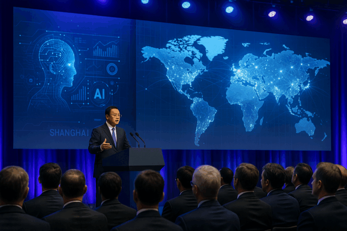 China lidera conferência em Xangai, com Li Qiang falando sobre governança global de Inteligência Artificial diante de executivos e hologramas digitais.
