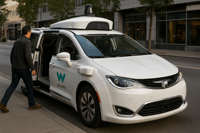 Veículo Waymo autônomo parado em avenida para passageiro entrar, com cenário urbano ao fundo.