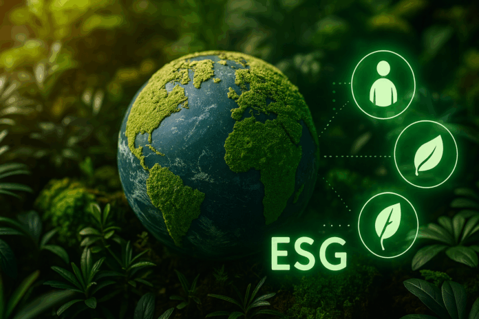 Globo terrestre coberto por musgo com ícones verdes e a palavra ESG.