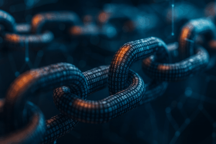 Corrente metálica digital representando tecnologia blockchain.